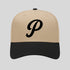 Beige and black cap with a black 'P' logo on a light gray background